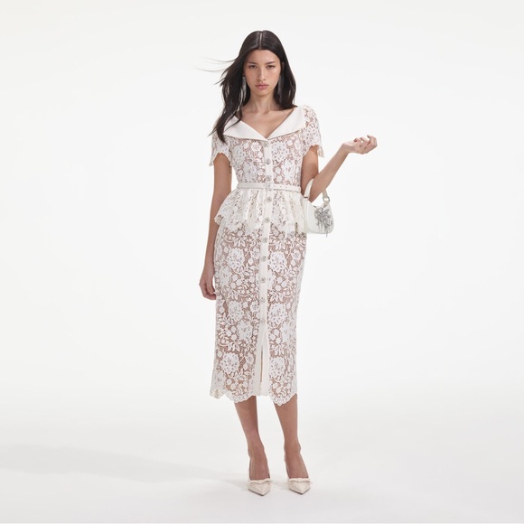 white christmas dresses Cream Tulle Lace Midi Dress – self-portrait-US